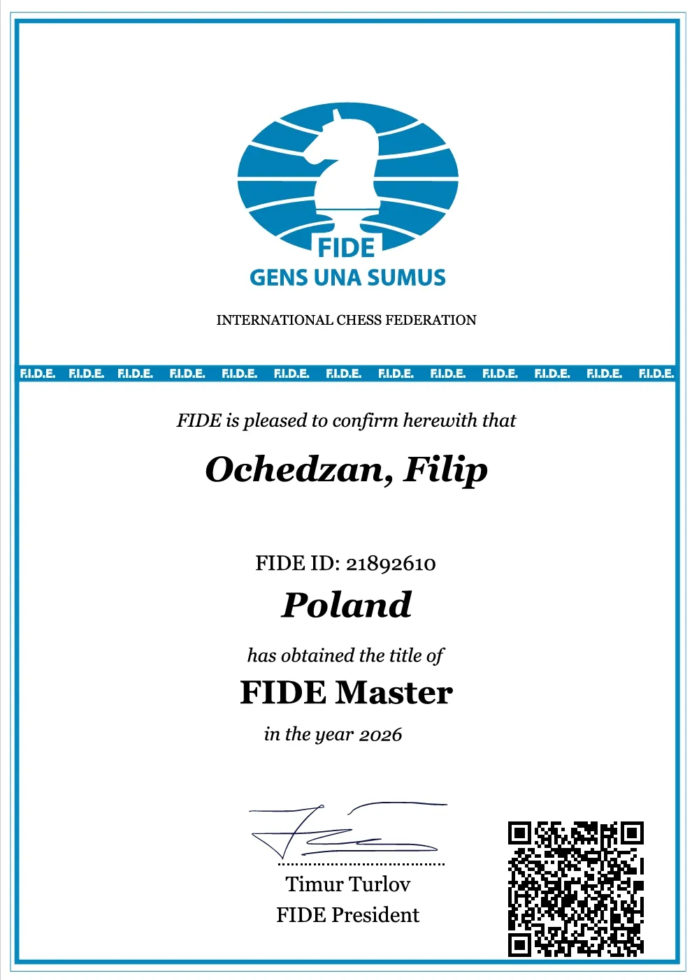 Filip Ochędzan Mistrzem FIDE (FM)